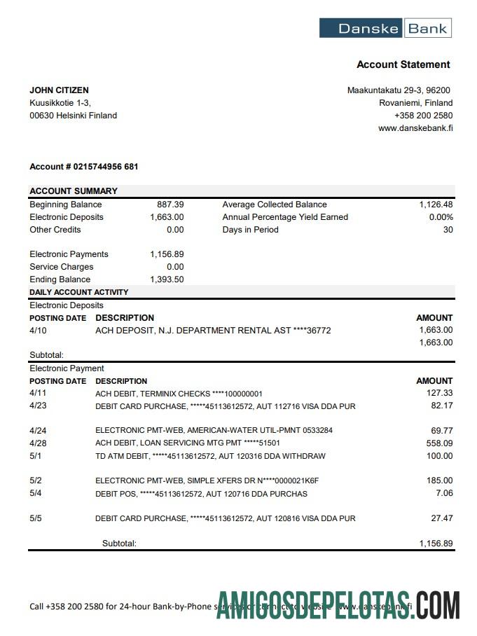 Extrato bancário da Finlândia Danske para impressão, modelo fácil de preencher em formato de arquivo .xls e .pdf